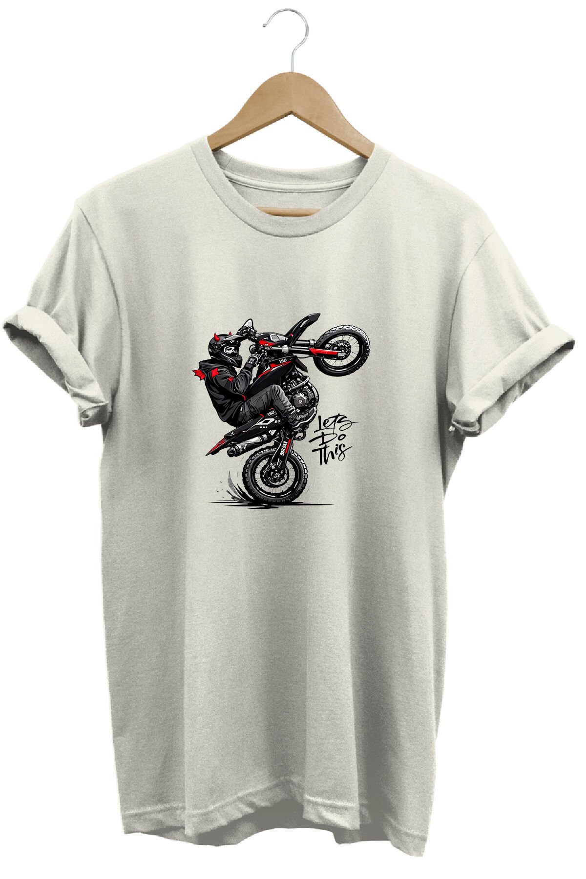 Unisex Motosiklet Tek Teker Baskılı Oversize Bisiklet Yaka Tişört T-shirt Ekru - L