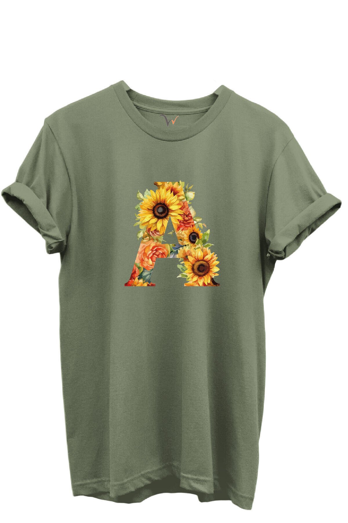 Ayçiçek Desenli “A” Harfi Baskılı %100 Pamuk Regular Fit Unisex T-Shirt Haki - 3XL