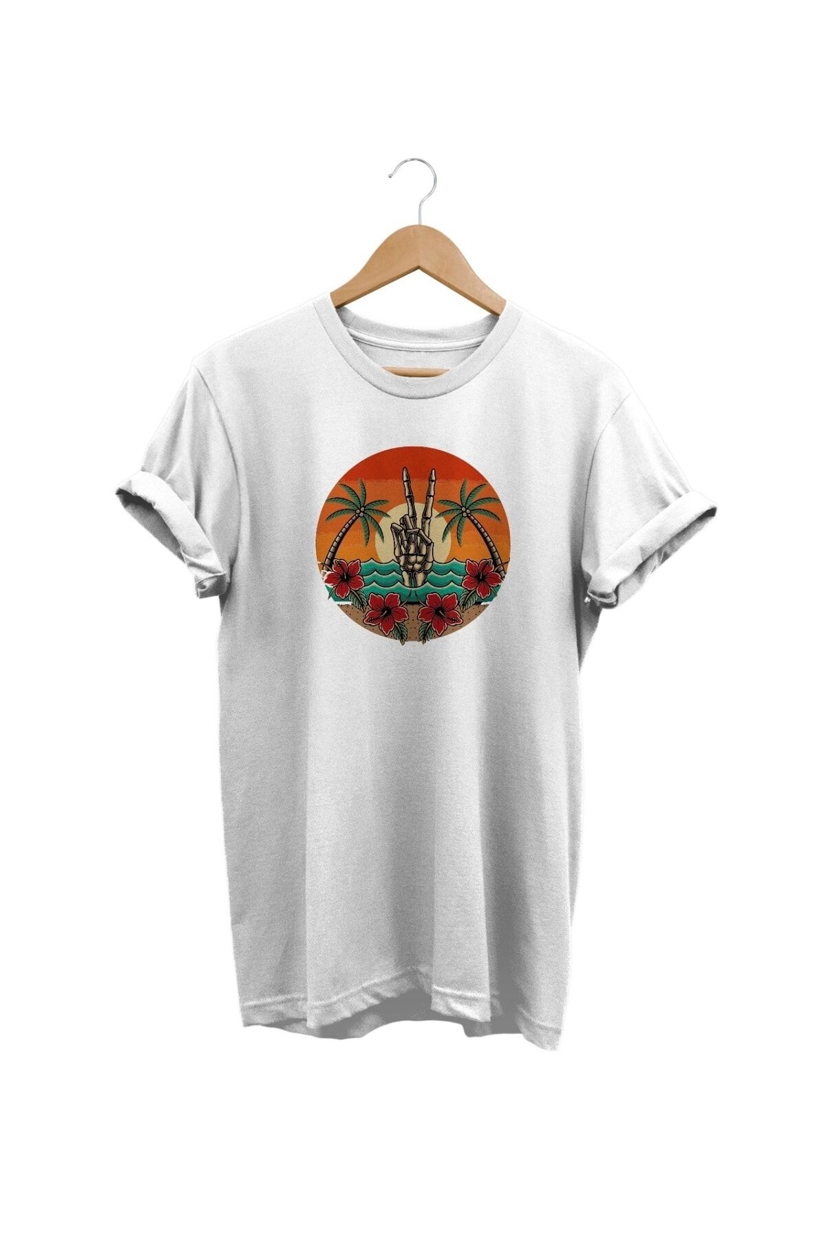 Palmiye Baskılı Beyaz T-shirt