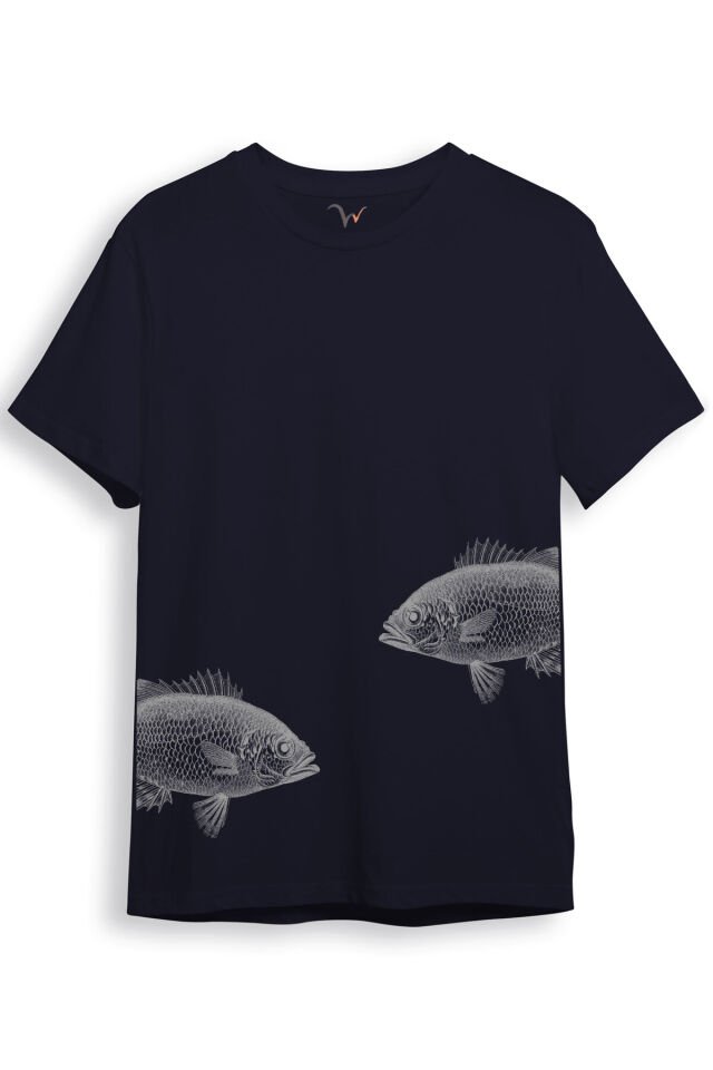 Sanatsal Balık Desenli Sade ve Modern Tasarım Dijital Baskılı %100 Pamuk Regular Fit Unisex T-Shirt Lacivert - 2XL