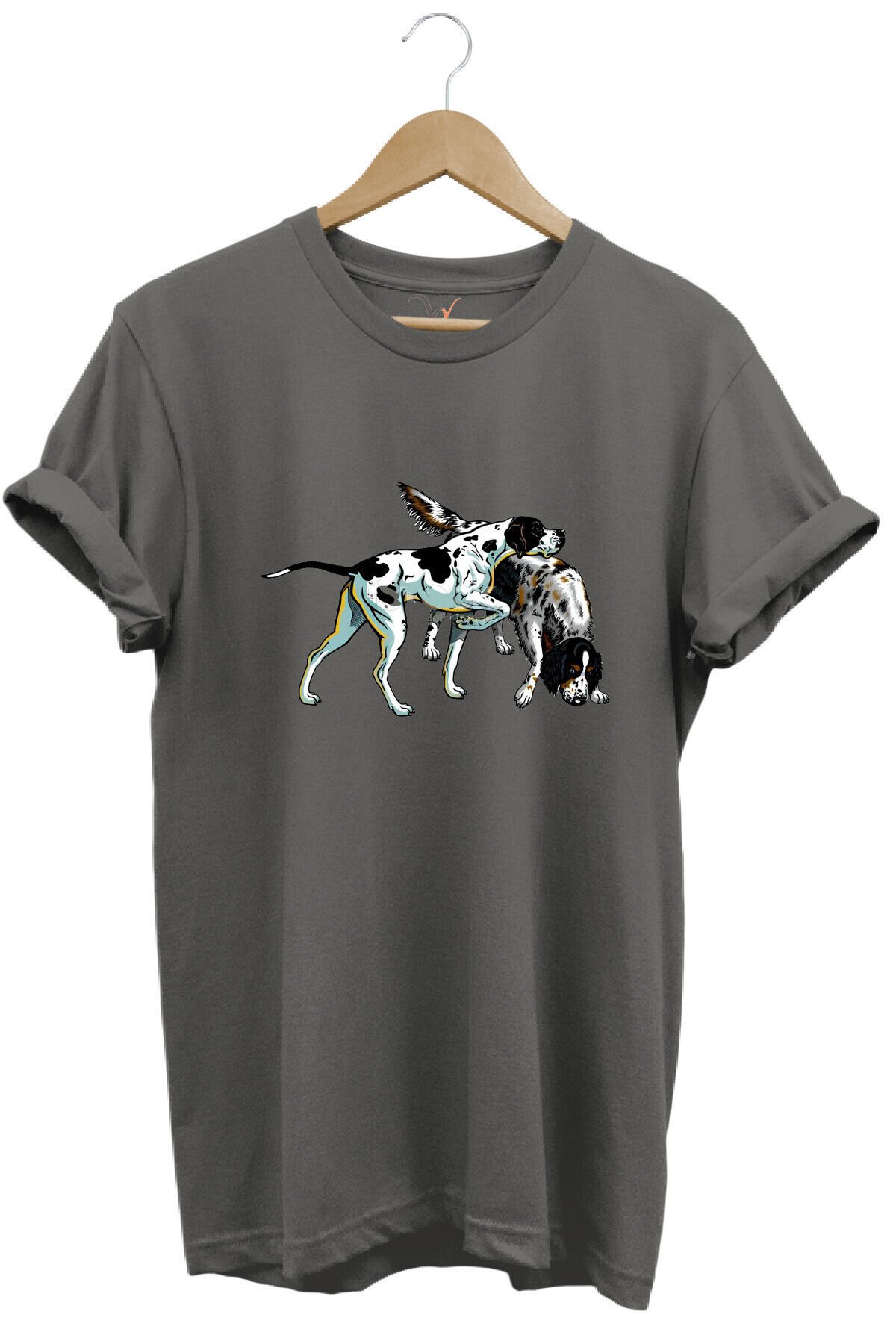 Avcılık Hunting Renkli Pointer Setter Köpekleri Baskılı %100 Pamuk Regular Fit Bisiklet Yaka T-Shirt Gri - XL