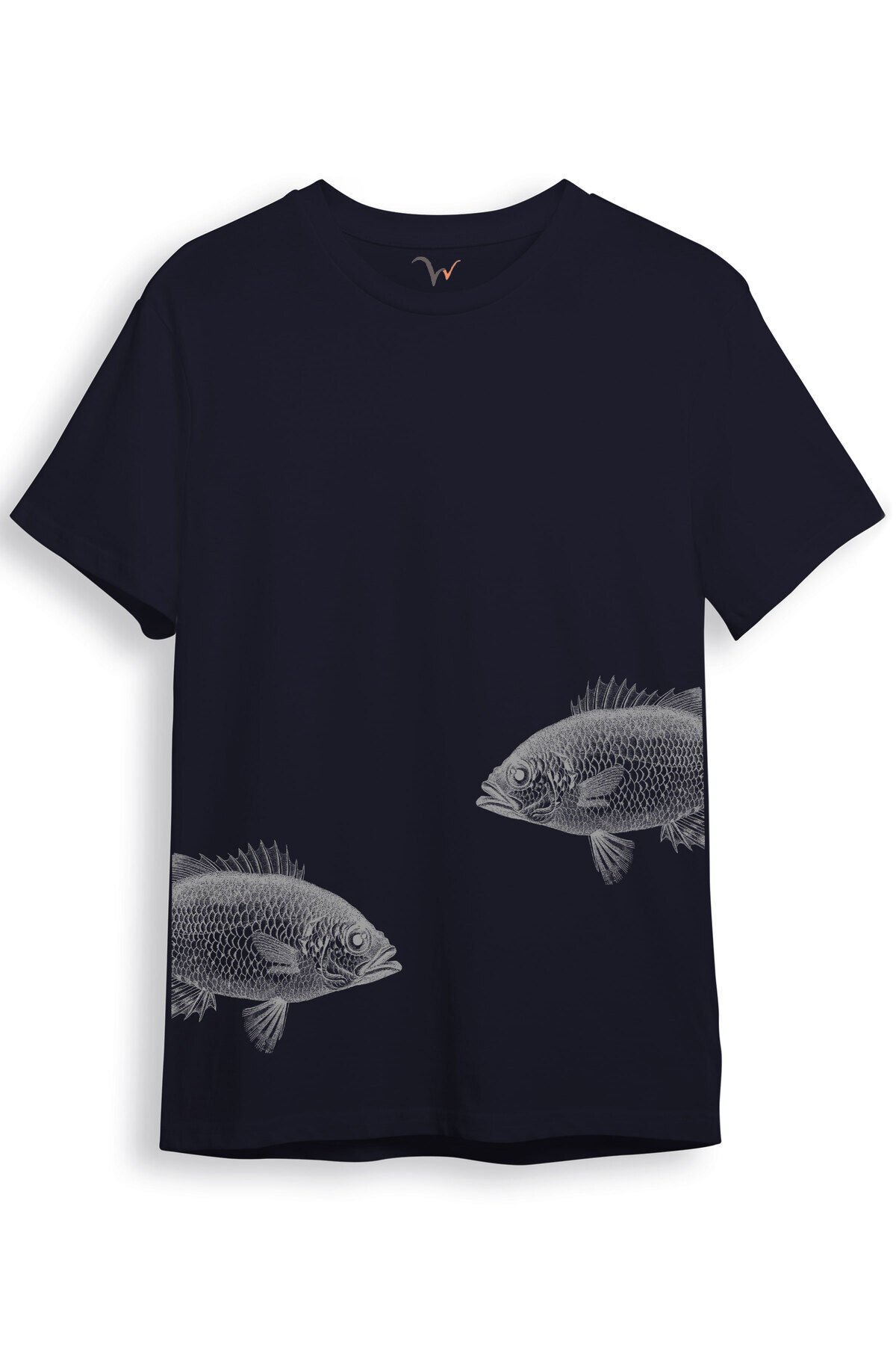 Sanatsal Balık Desenli Sade ve Modern Tasarım Dijital Baskılı %100 Pamuk Regular Fit Unisex T-Shirt Lacivert - S