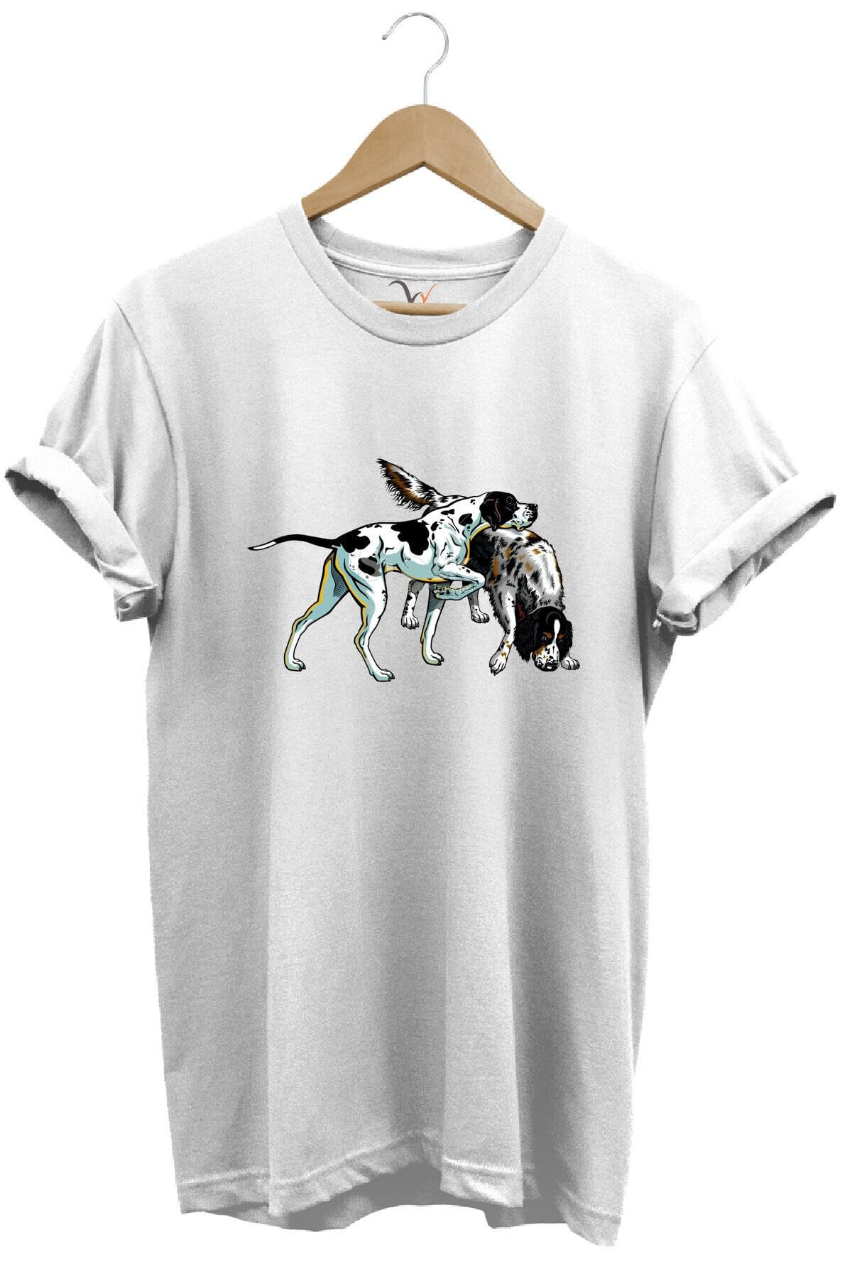 Avcılık Hunting Renkli Pointer Setter Köpekleri Baskılı %100 Pamuk Regular Fit Bisiklet Yaka T-Shirt Beyaz - L