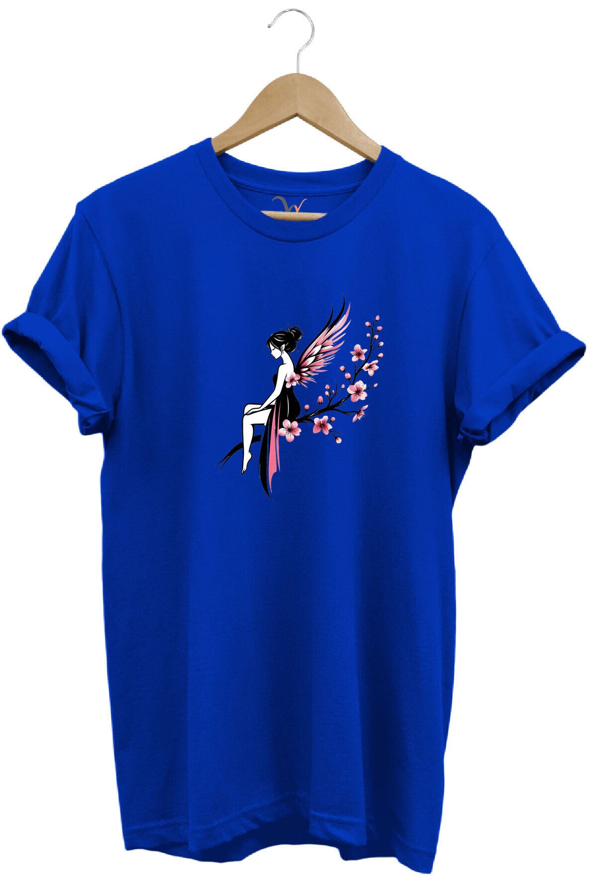 Peri Kızı Baskılı Şık Tatlı %100 Pamuk Regular Fit Bisiklet Yaka Turuncu T-shirt Mavi - 3XL