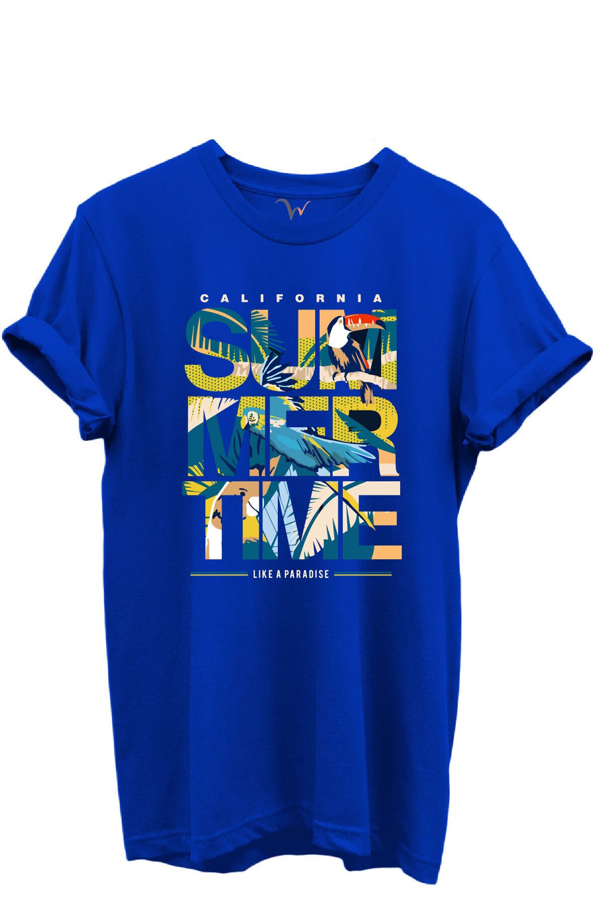 California Summertime ve Tropikal Papağan ve Palmiye Desenli %100 Pamuk Regular Fit Unisex T-Shirt Mavi - L