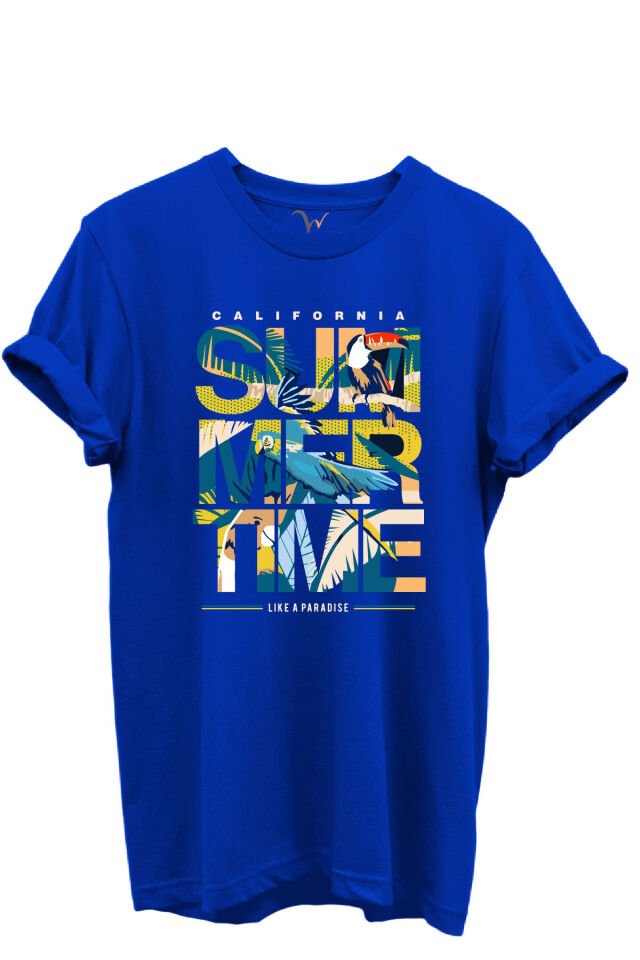 California Summertime ve Tropikal Papağan ve Palmiye Desenli %100 Pamuk Regular Fit Unisex T-Shirt Mavi - L