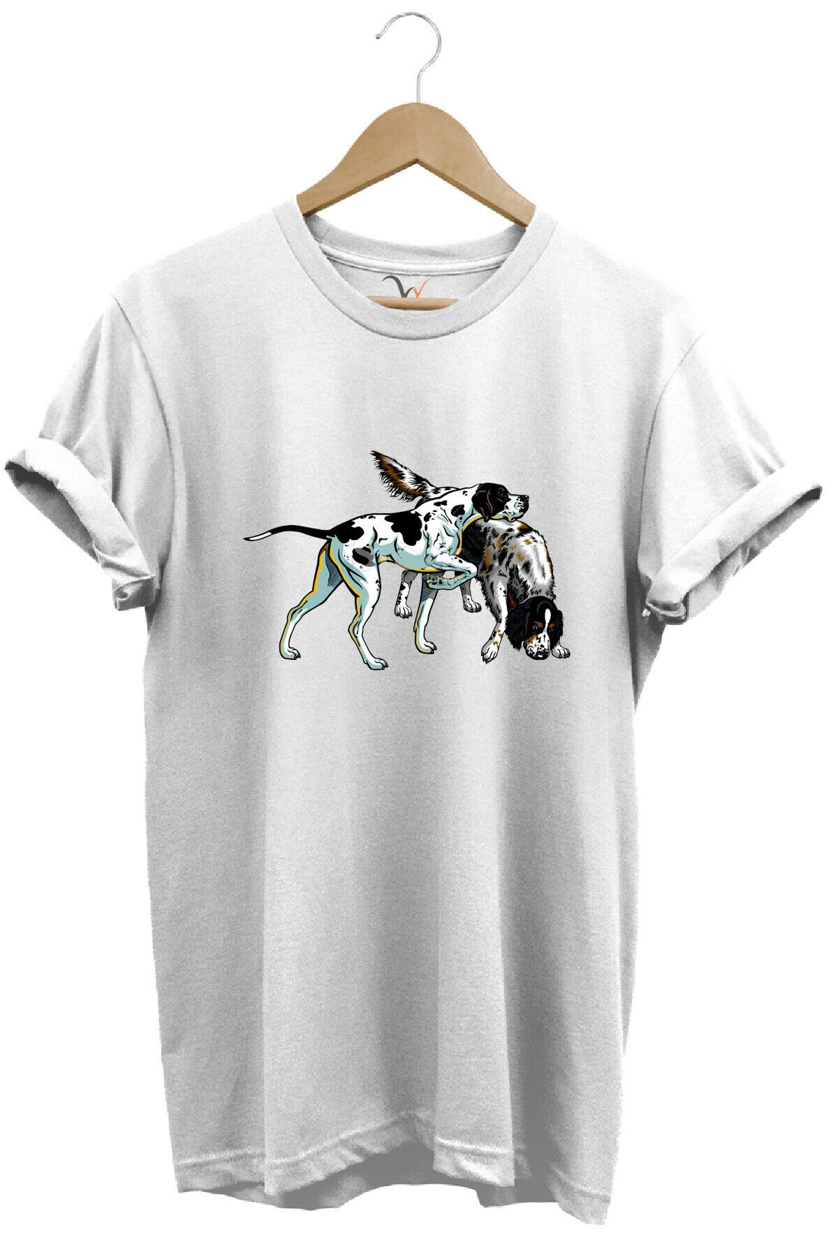 Avcılık Hunting Renkli Pointer Setter Köpekleri Baskılı %100 Pamuk Regular Fit Bisiklet Yaka T-Shirt Beyaz - M