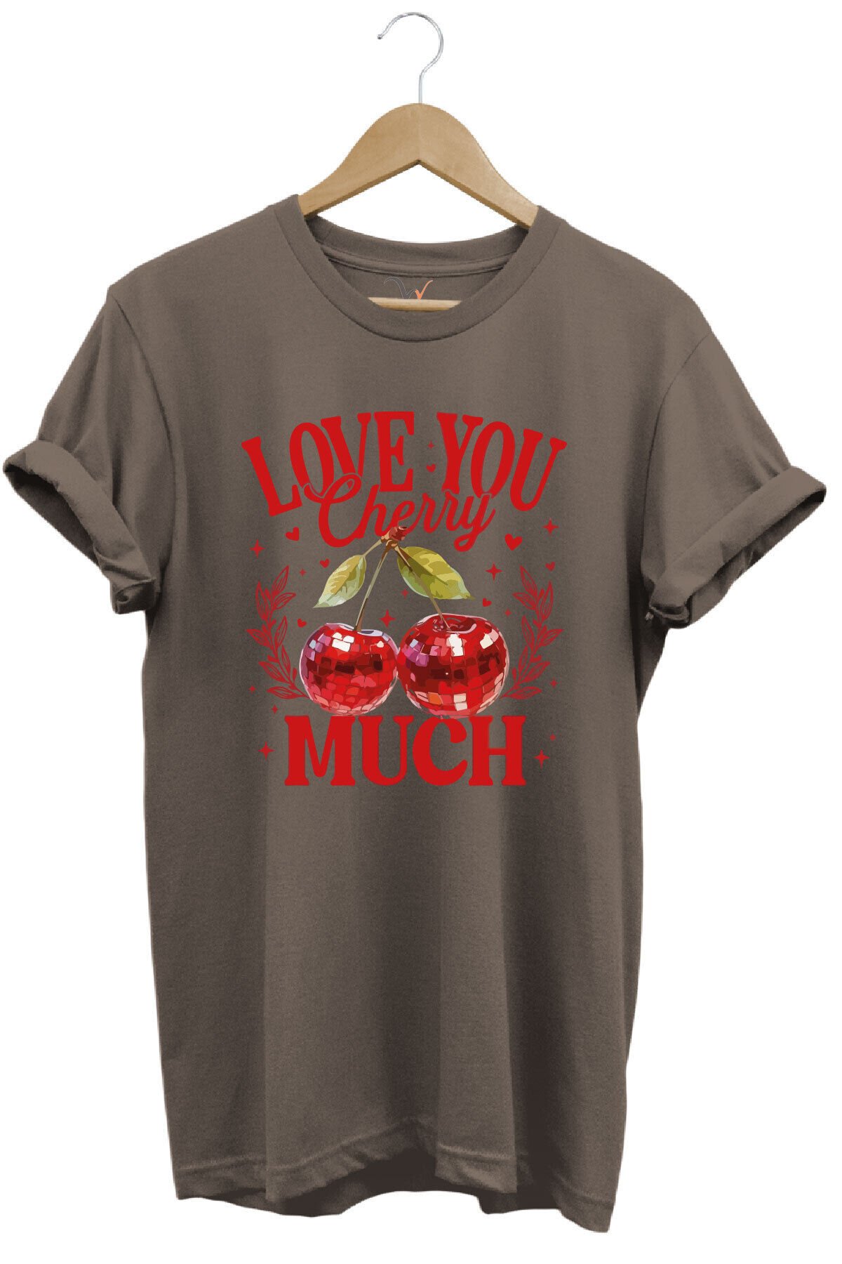 Love You Cherry Much Yazılı Kiraz Baskılı %100 Pamuk Unisex Regular Fit T-Shirt Kahverengi - XL