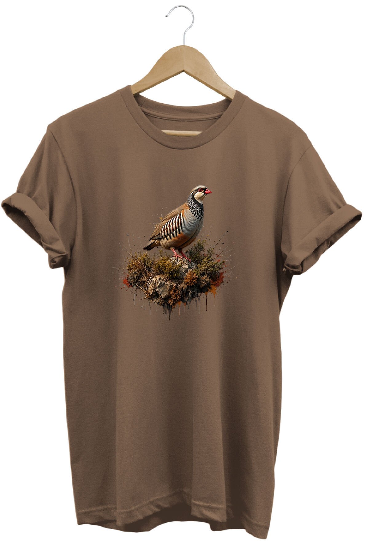 Keklik Kuşu Baskılı Arazi ve Doğa Tişörtü Outdoor Giyim Açık Kahverengi - XL