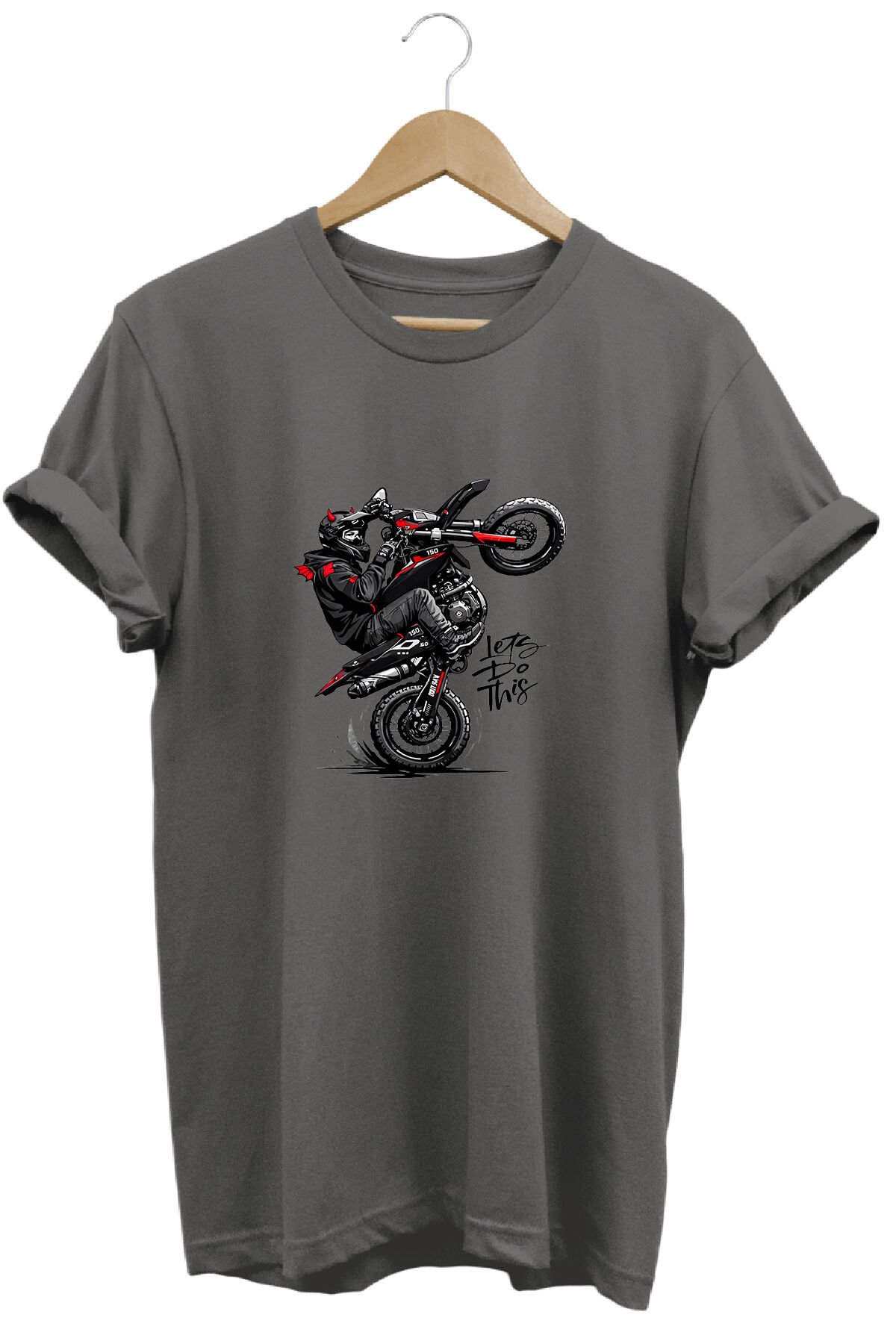 Unisex Motosiklet Tek Teker Baskılı Oversize Bisiklet Yaka Tişört T-shirt Antrasit - S