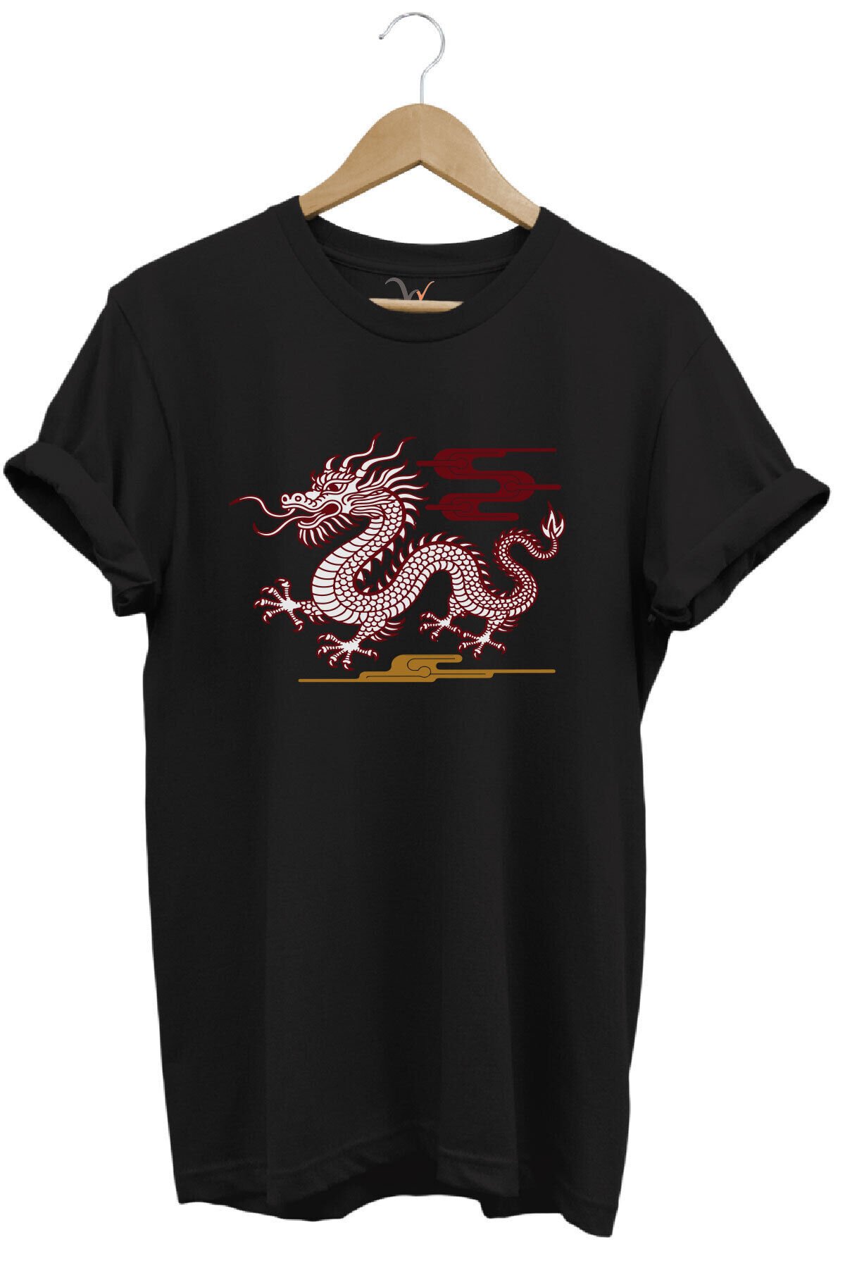 Mitolojik Asya Çin Ejderha Baskılı %100 Pamuk Regular Fit Bisiklet Yaka Gri T-shirt Siyah - 3XL