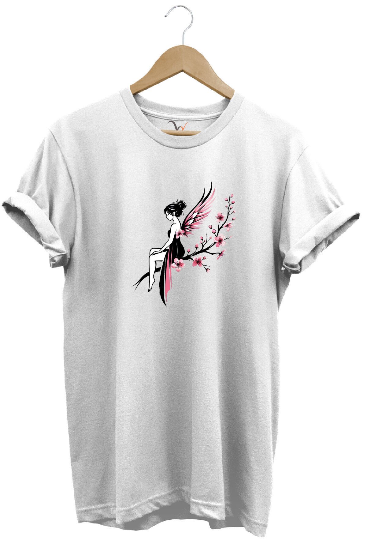 Peri Kızı Baskılı Şık Tatlı %100 Pamuk Regular Fit Bisiklet Yaka Turuncu T-shirt Beyaz - 2XL