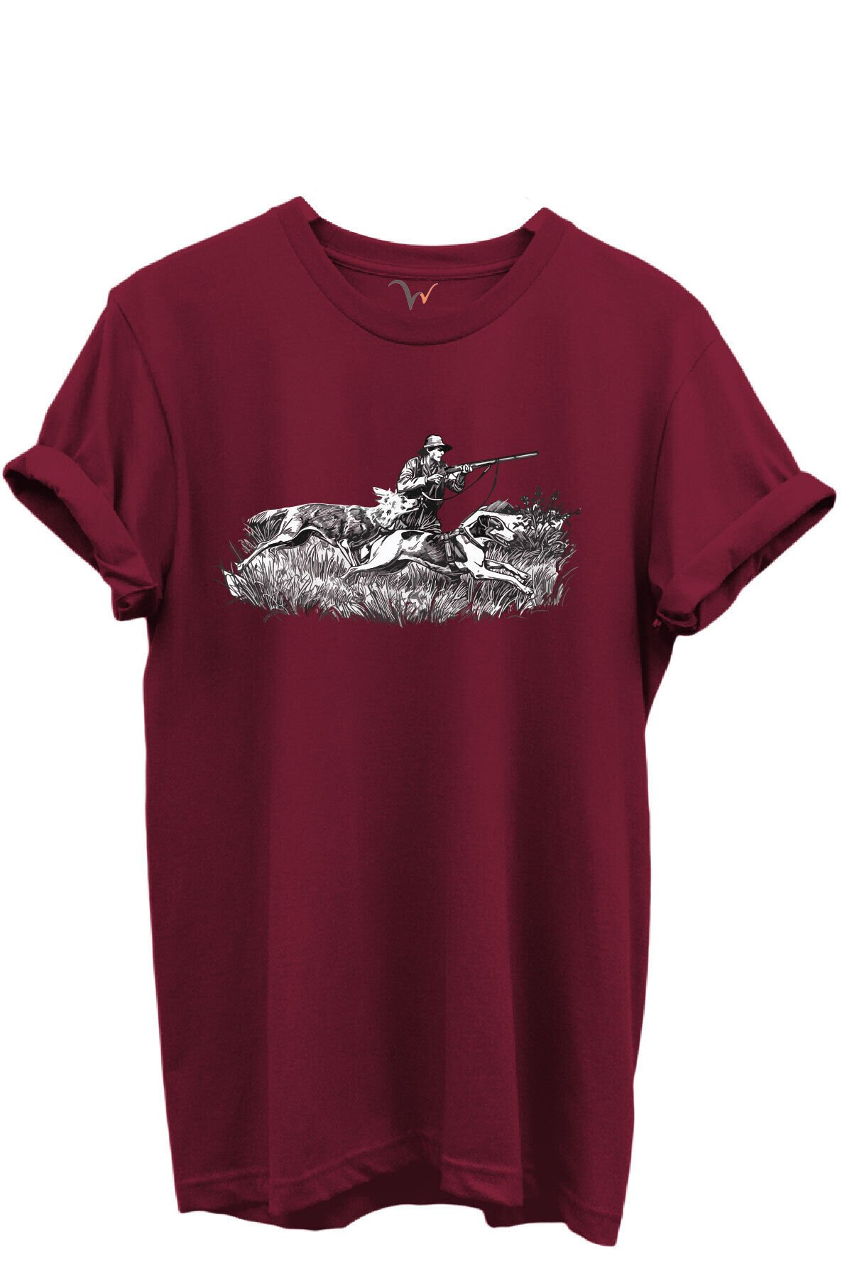 Outdoor Avcılık Avcı ve Tazı Köpek Desenli %100 Pamuk Regular Fit Bisiklet Yaka Unisex T-shirt Bordo - XL