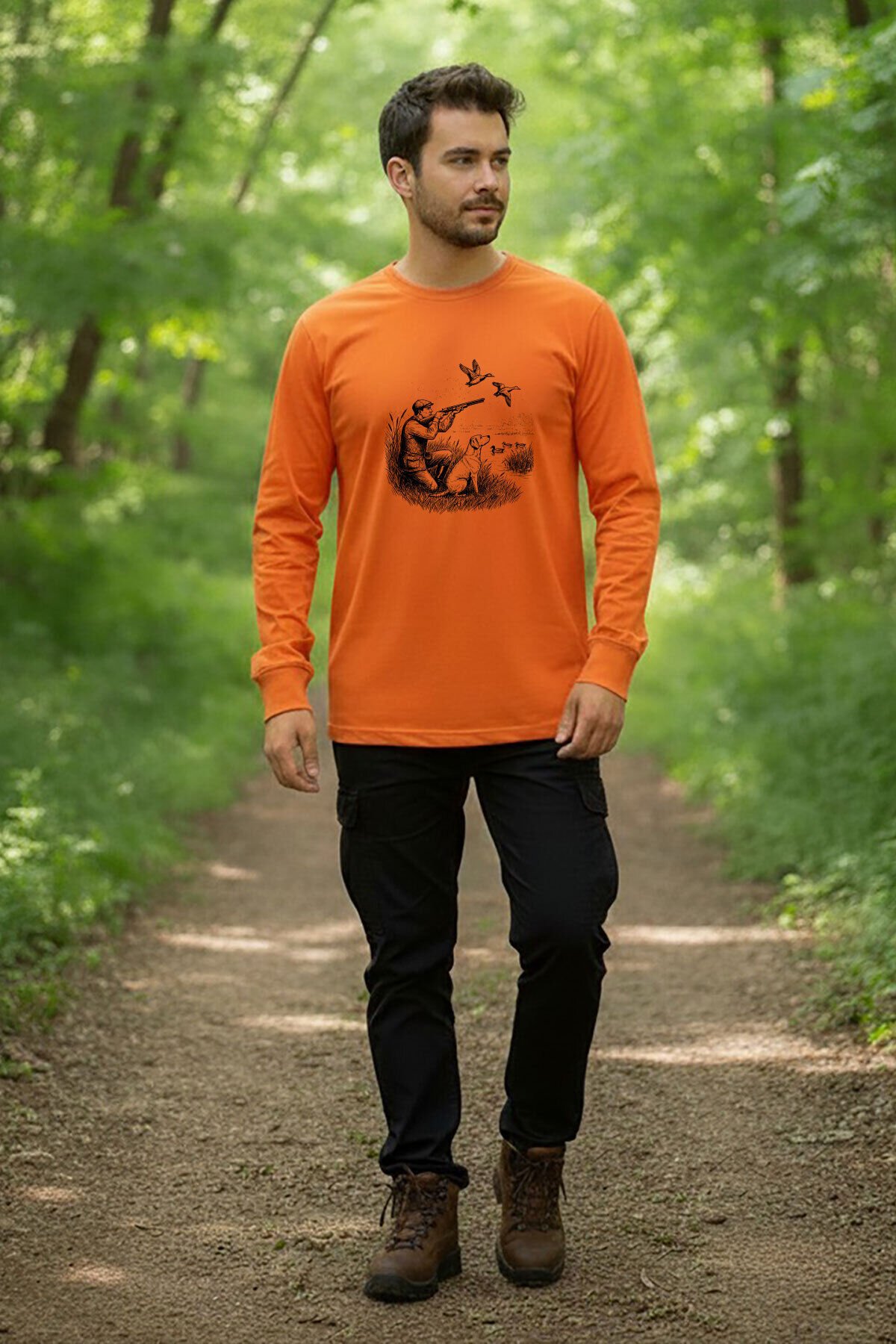 Avcılık Hunting Ördek Avı Baskılı Avcı ve Av Köpeği Turuncu Bisiklet Yaka Uzun Kollu T-Shirt Turuncu - S