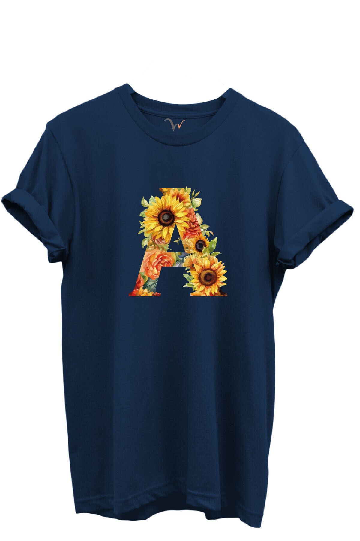 Ayçiçek Desenli “A” Harfi Baskılı %100 Pamuk Regular Fit Unisex T-Shirt Lacivert - M