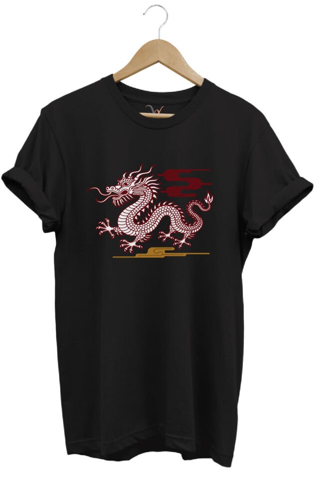 Mitolojik Asya Çin Ejderha Baskılı %100 Pamuk Regular Fit Bisiklet Yaka Gri T-shirt Siyah - M