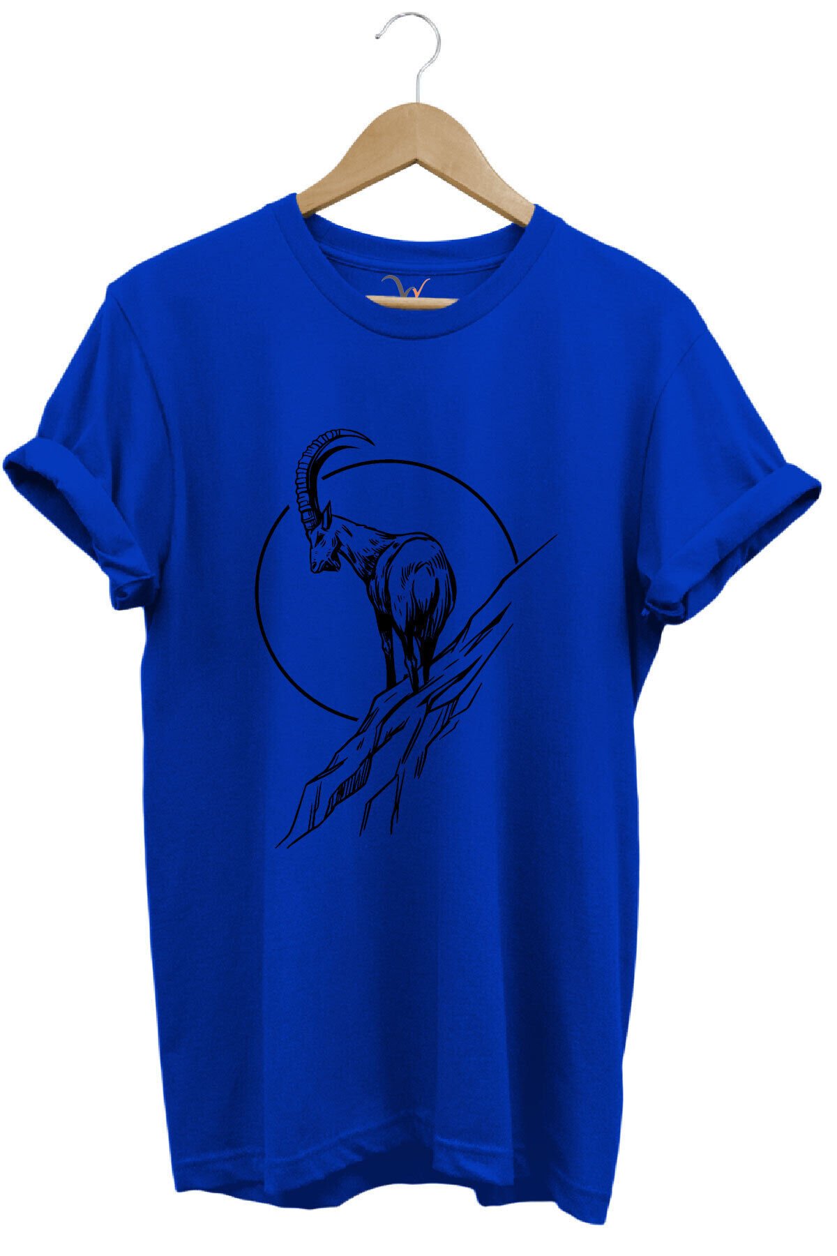 Avcılık Dağ Keçisi Baskılı %100 Pamuk Regular Fit Bisiklet Yaka Mavi T-shirt Mavi - S
