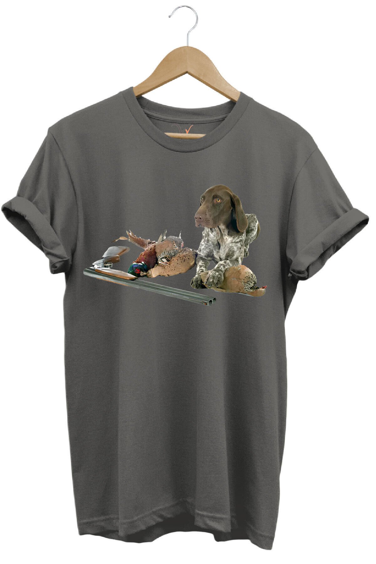 Avcılık Hunter Kurzhaar Av Köpeği Ve Keklik Avcılığı Baskılı Regular Fit %100 Pamuk Gri T-shirt Antrasit - 3XL