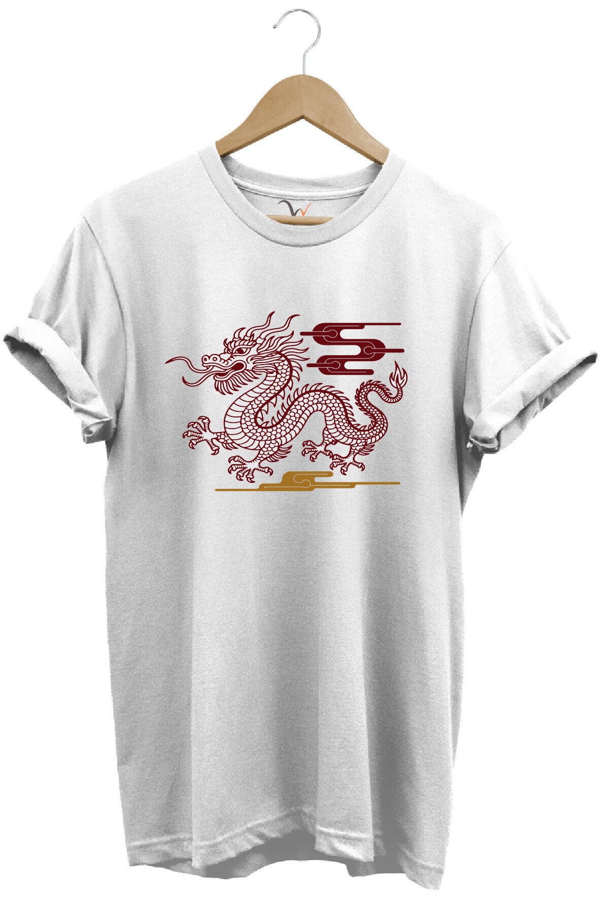 Mitolojik Asya Çin Ejderha Baskılı %100 Pamuk Regular Fit Bisiklet Yaka Gri T-shirt Beyaz - XL