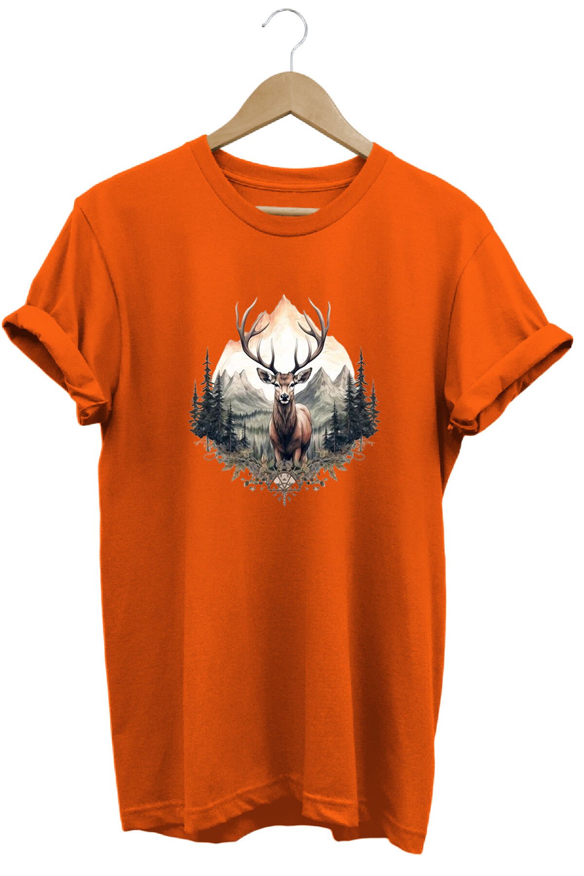 Unisex Geyik ve Dağ Manzaralı Baskılı Bisiklet Yaka Tişört T-shirt