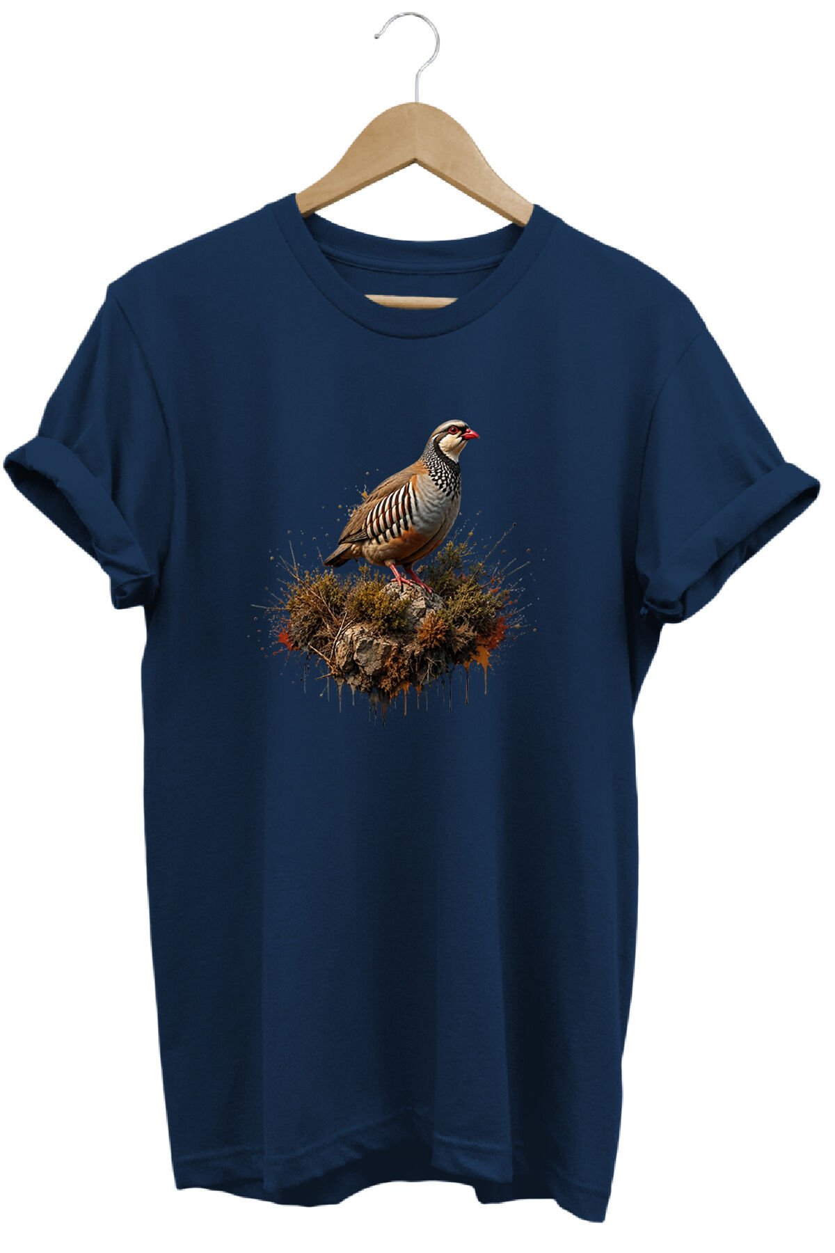 Keklik Kuşu Baskılı Arazi ve Doğa Tişörtü Outdoor Giyim Lacivert - 2XL