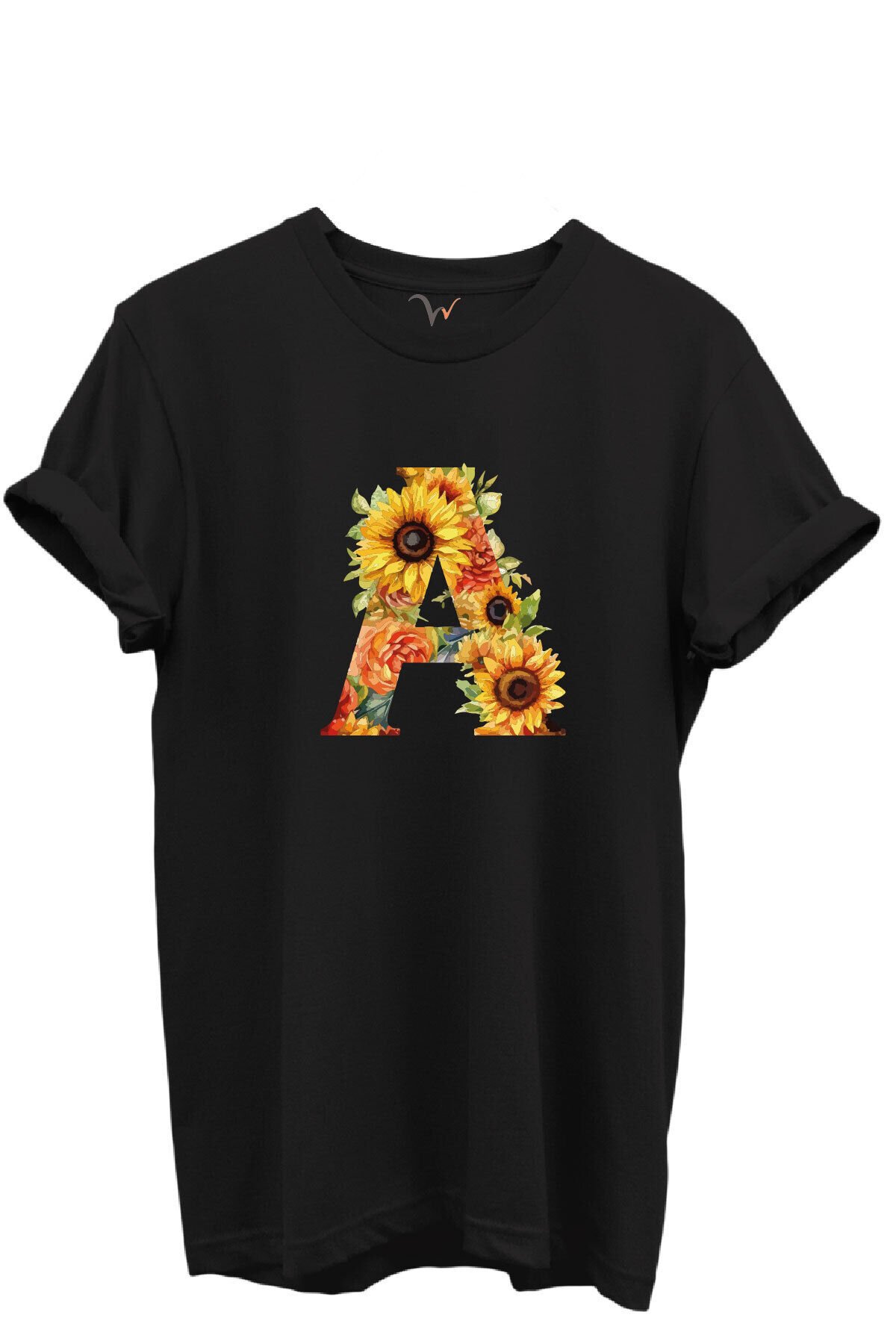 Ayçiçek Desenli “A” Harfi Baskılı %100 Pamuk Regular Fit Unisex T-Shirt Siyah - XL