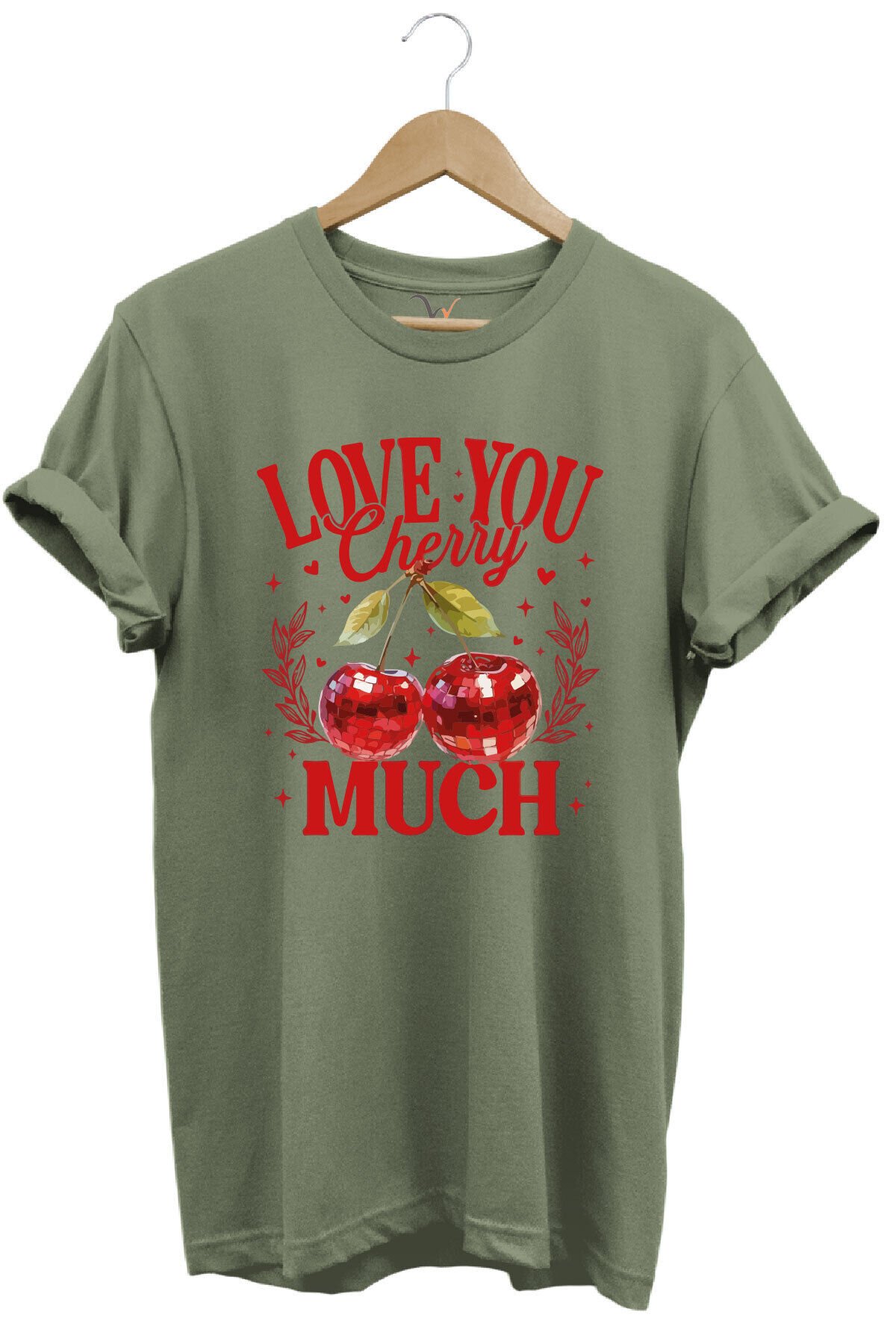 Love You Cherry Much Yazılı Kiraz Baskılı %100 Pamuk Unisex Regular Fit T-Shirt Haki - L