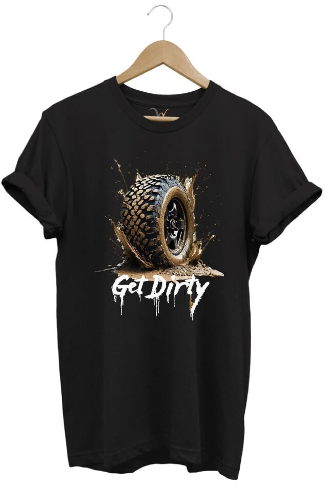 4X4 Off Road Mud Truck Baskılı Dağ Aracı Tekerlek Baskılı %100 Pamuk Regular Fit Unisex T-Shirt - Siyah
