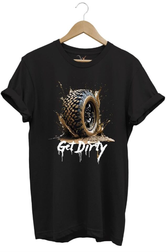 4X4 Off Road Mud Truck Baskılı Dağ Aracı Tekerlek Baskılı %100 Pamuk Regular Fit Unisex T-Shirt - Siyah