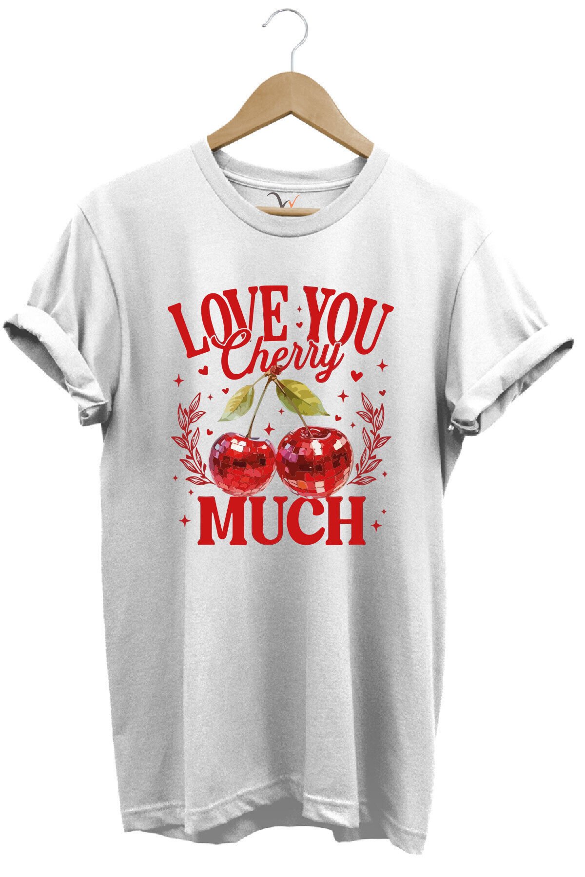 Love You Cherry Much Yazılı Kiraz Baskılı %100 Pamuk Unisex Regular Fit T-Shirt Beyaz - L