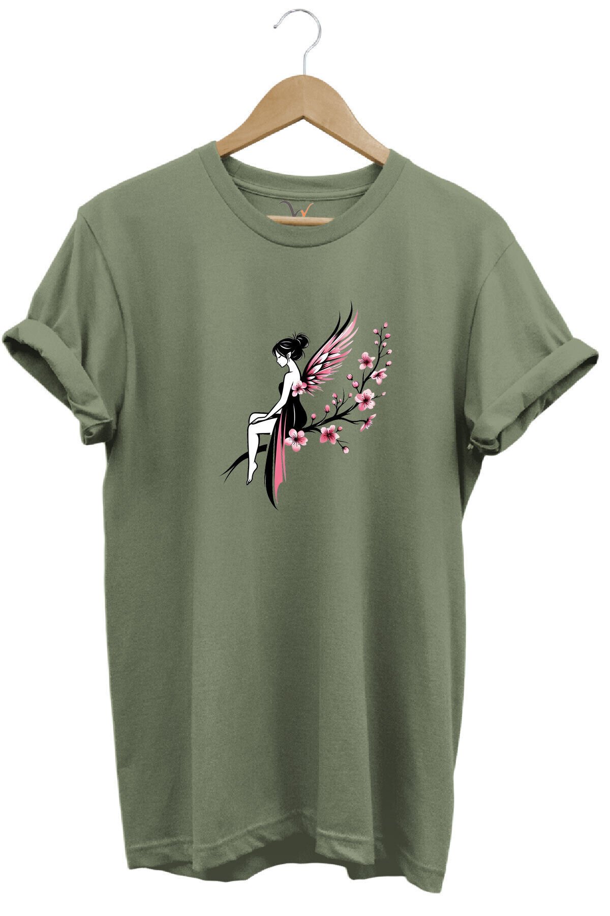 Peri Kızı Baskılı Şık Tatlı %100 Pamuk Regular Fit Bisiklet Yaka Turuncu T-shirt Haki - 2XL