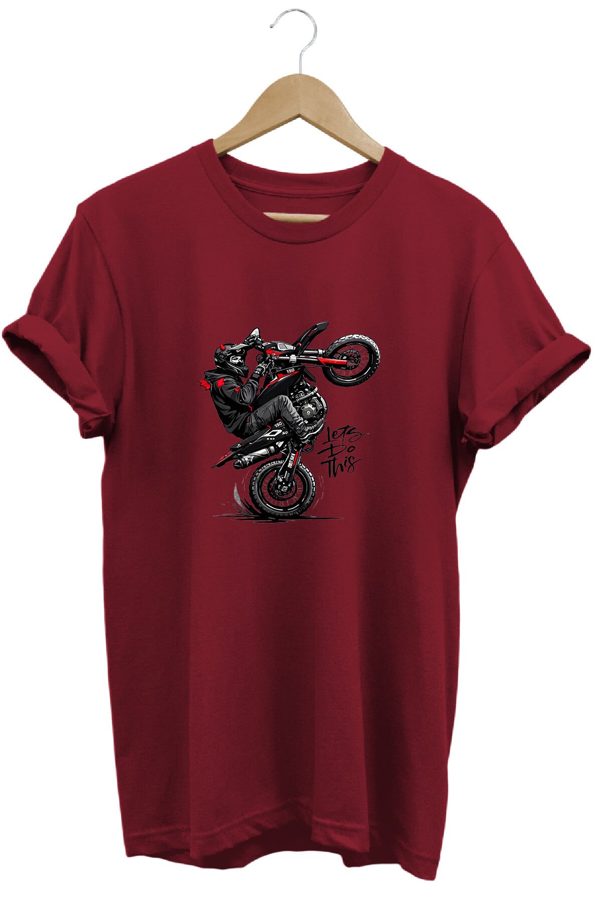 Unisex Motosiklet Tek Teker Baskılı Oversize Bisiklet Yaka Tişört T-shirt Bordo - XL
