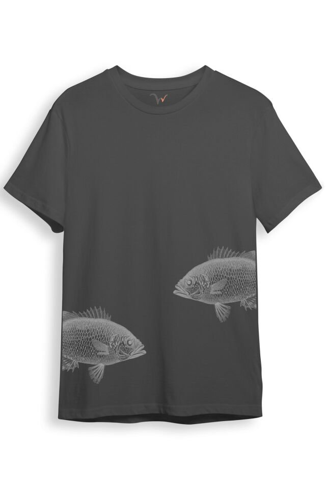 Sanatsal Balık Desenli Sade ve Modern Tasarım Dijital Baskılı %100 Pamuk Regular Fit Unisex T-Shirt Gri - S