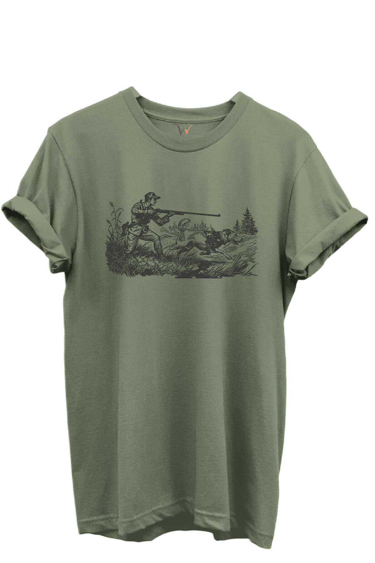 Outdoor Avcılık Avcı ve Av Köpekleri Desenli %100 Pamuk Regular Fit Bisiklet Yaka Unisex T-shirt Haki - S