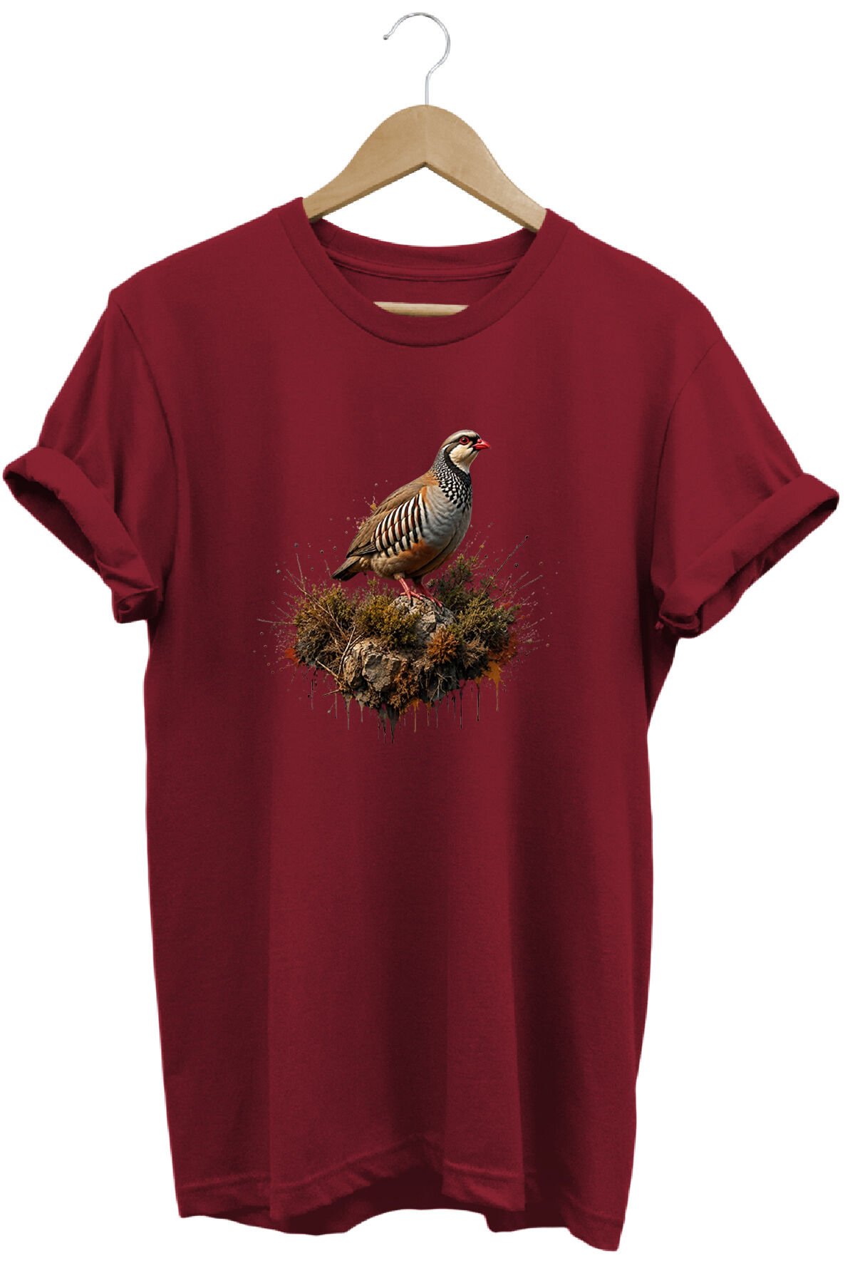 Keklik Kuşu Baskılı Arazi ve Doğa Tişörtü Outdoor Giyim Bordo - 2XL