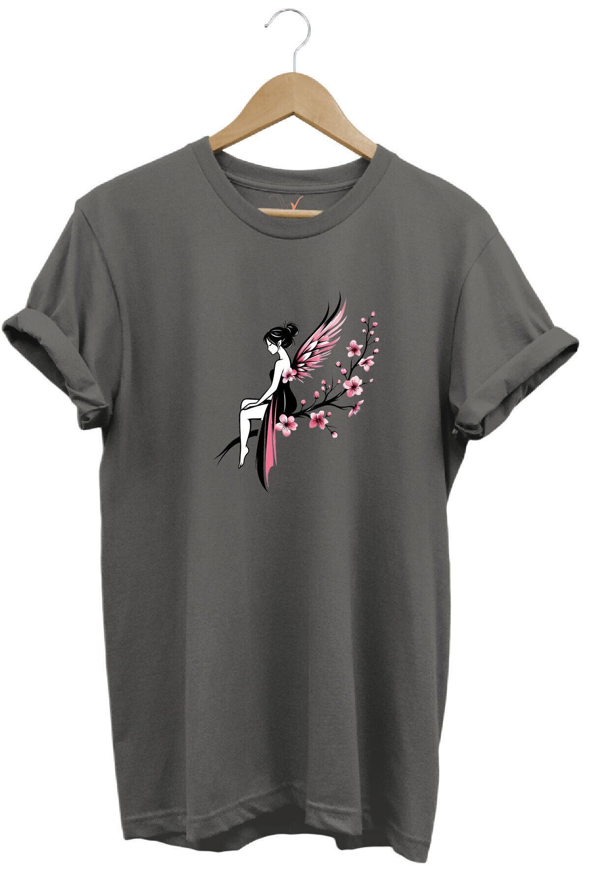 Peri Kızı Baskılı Şık Tatlı %100 Pamuk Regular Fit Bisiklet Yaka Turuncu T-shirt Gri - XL