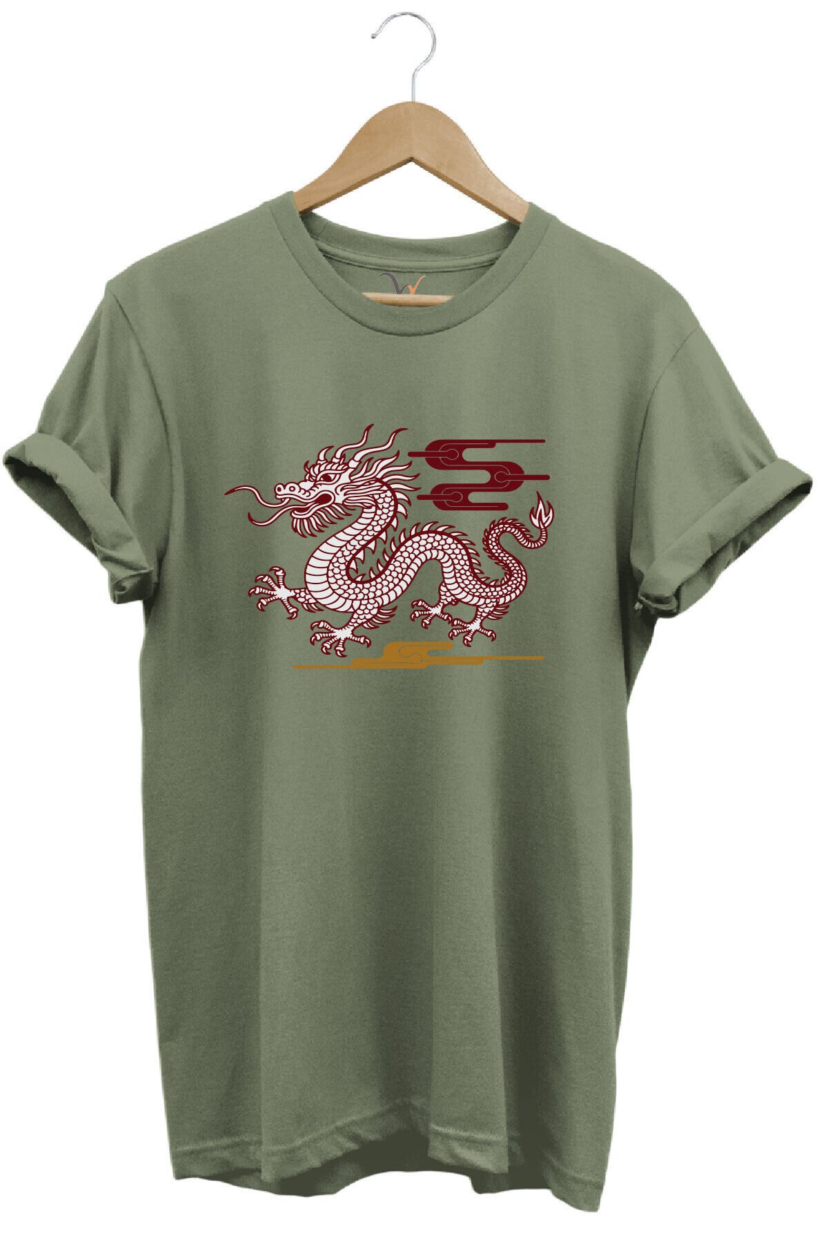 Mitolojik Asya Çin Ejderha Baskılı %100 Pamuk Regular Fit Bisiklet Yaka Gri T-shirt Haki - 2XL