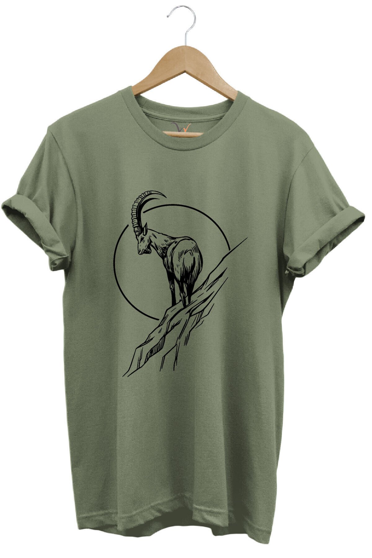Avcılık Dağ Keçisi Baskılı %100 Pamuk Regular Fit Bisiklet Yaka Mavi T-shirt Haki - M