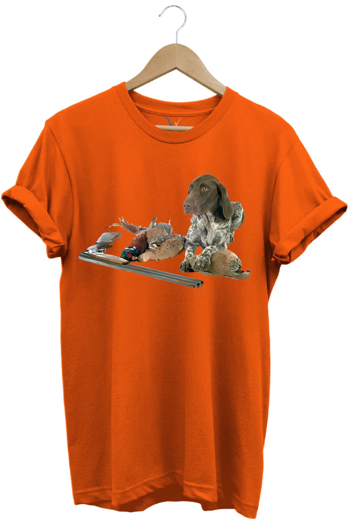 Avcılık Hunter Kurzhaar Av Köpeği Ve Keklik Avcılığı Baskılı Regular Fit %100 Pamuk Gri T-shirt Turuncu - 2XL