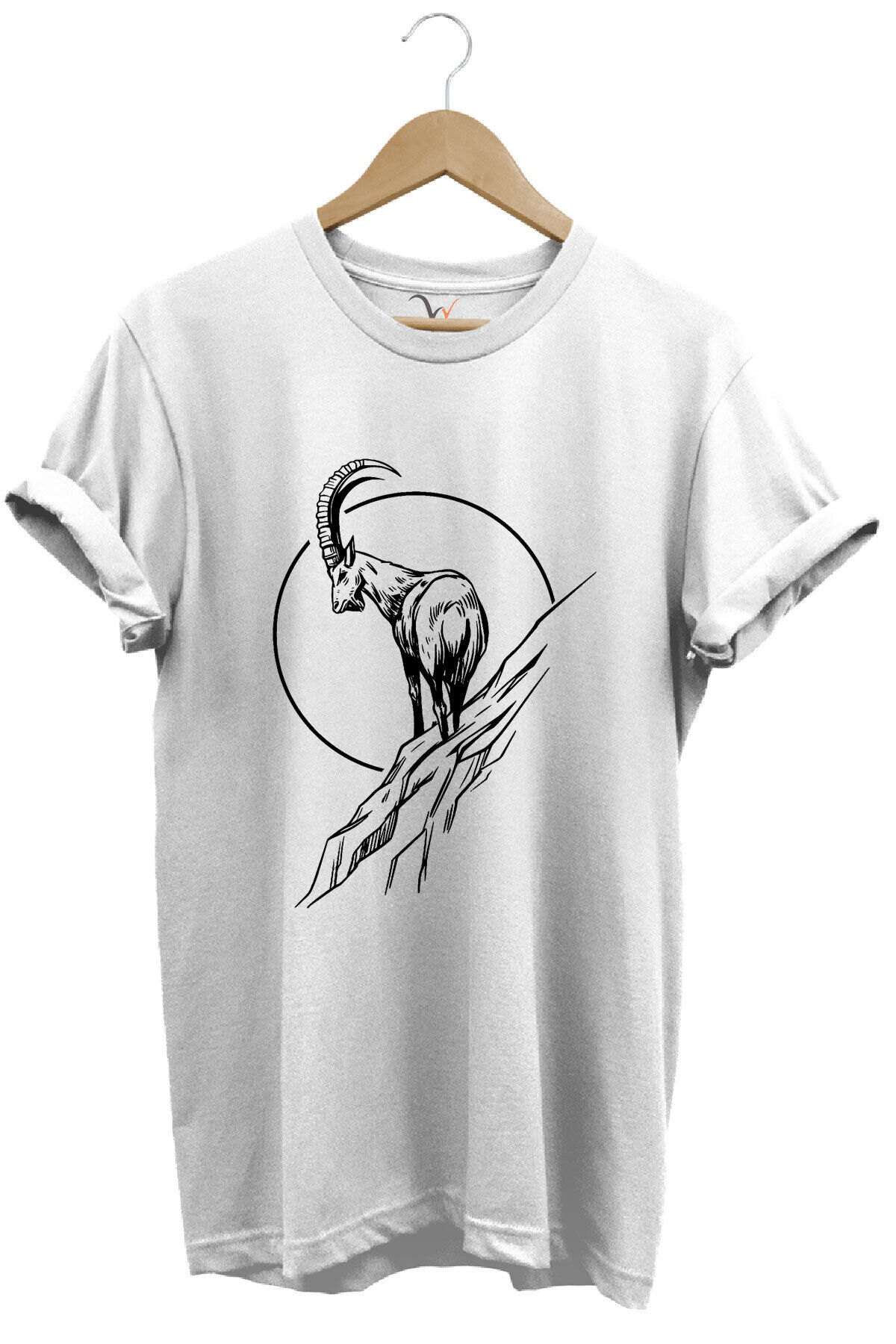 Avcılık Dağ Keçisi Baskılı %100 Pamuk Regular Fit Bisiklet Yaka Mavi T-shirt Beyaz - XL