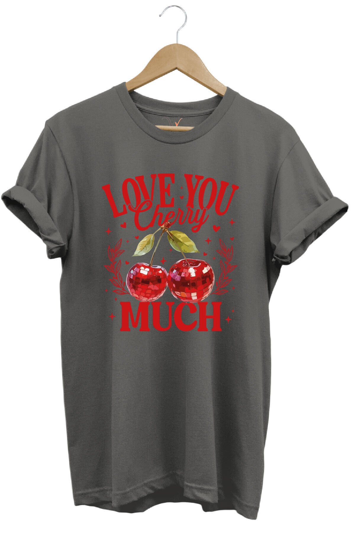 Love You Cherry Much Yazılı Kiraz Baskılı %100 Pamuk Unisex Regular Fit T-Shirt Gri - M