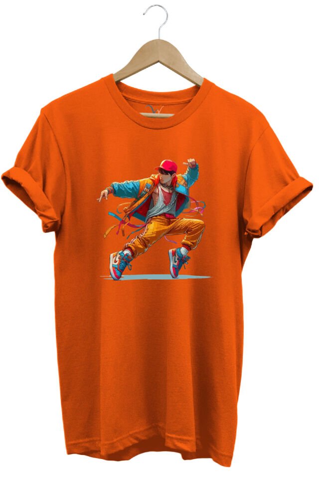 Dancing Boy Dans Eden Çocuk Tasarım Baskılı %100 Pamuk Regular Fit Yeşil T-shirt Turuncu - S