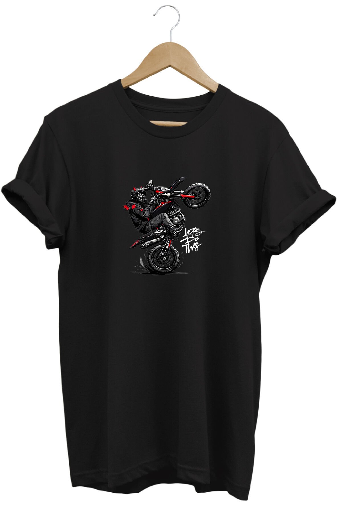 Unisex Motosiklet Tek Teker Baskılı Oversize Bisiklet Yaka Tişört T-shirt Siyah - 9-10 Yaş