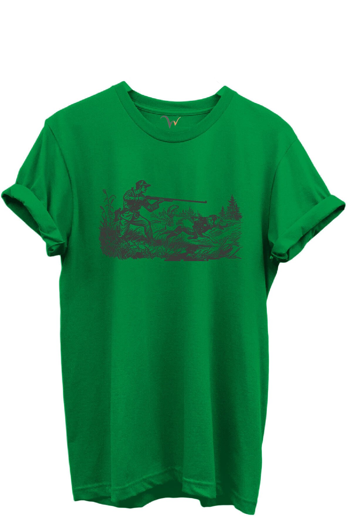 Outdoor Avcılık Avcı ve Av Köpekleri Desenli %100 Pamuk Regular Fit Bisiklet Yaka Unisex T-shirt Yeşil - S