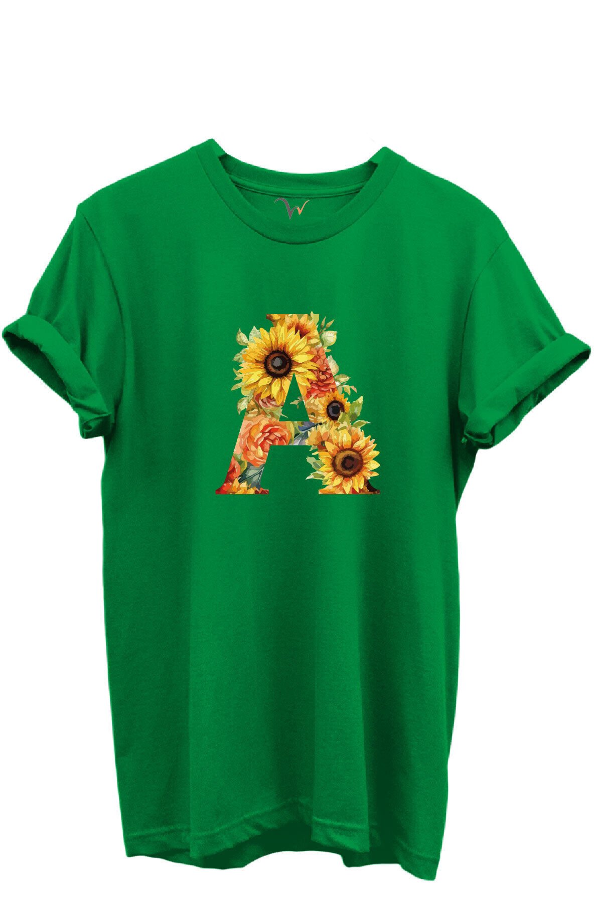 Ayçiçek Desenli “A” Harfi Baskılı %100 Pamuk Regular Fit Unisex T-Shirt Yeşil - 2XL