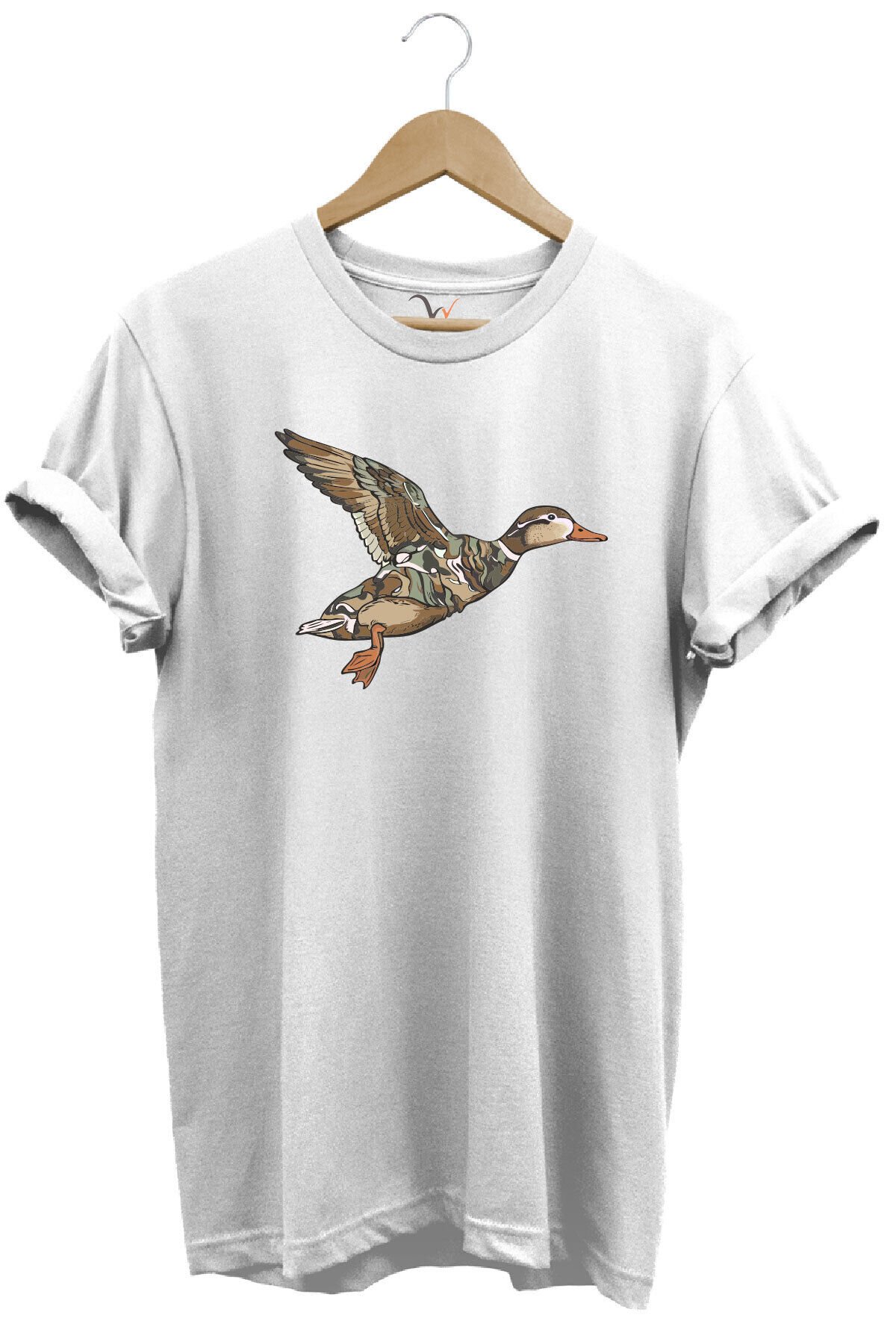 Avcılık Ördek Avı Baskılı Kamuflaj Desenli Ördek Tasarımlı %100 Pamuk Regular Fit Beyaz T-shirt Beyaz - L