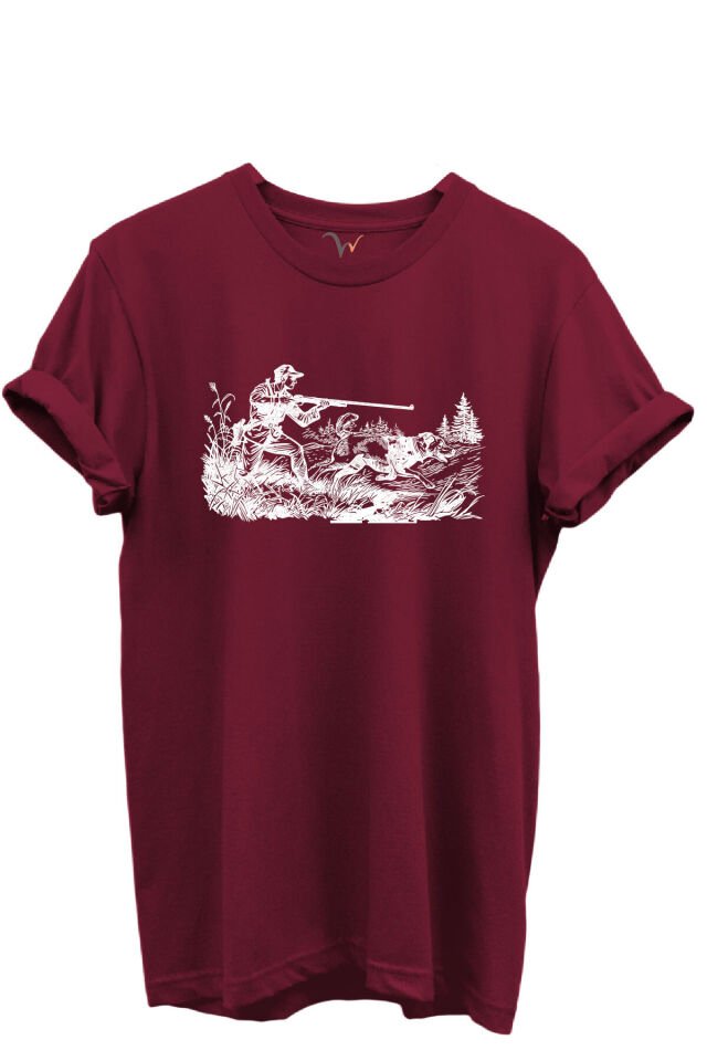 Outdoor Avcılık Avcı ve Av Köpekleri Desenli %100 Pamuk Regular Fit Bisiklet Yaka Unisex T-shirt Bordo - M