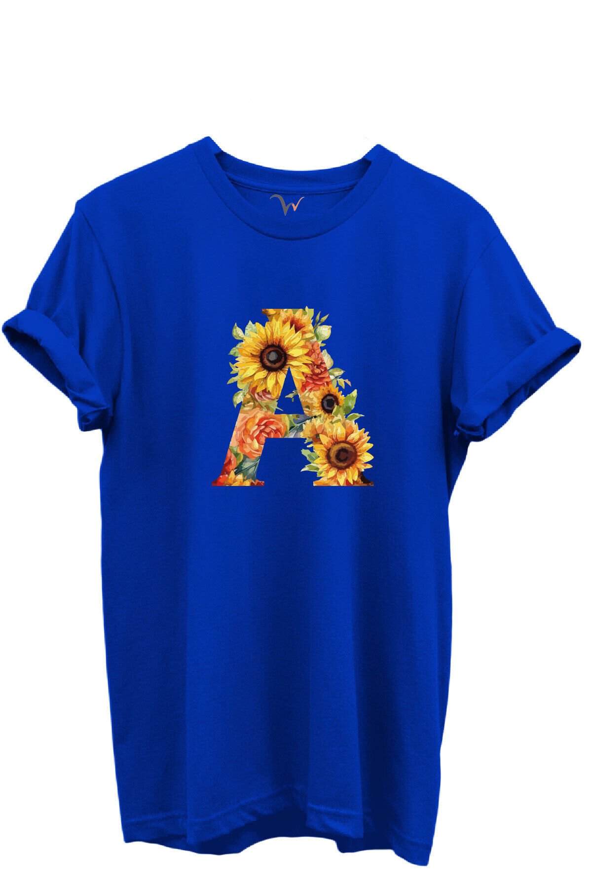 Ayçiçek Desenli “A” Harfi Baskılı %100 Pamuk Regular Fit Unisex T-Shirt Mavi - M