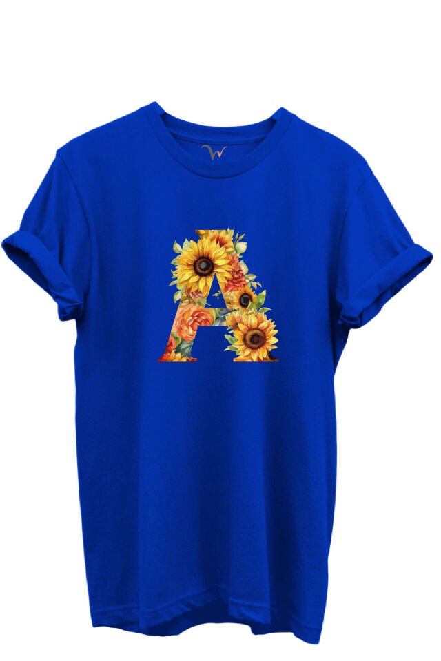 Ayçiçek Desenli “A” Harfi Baskılı %100 Pamuk Regular Fit Unisex T-Shirt Mavi - M