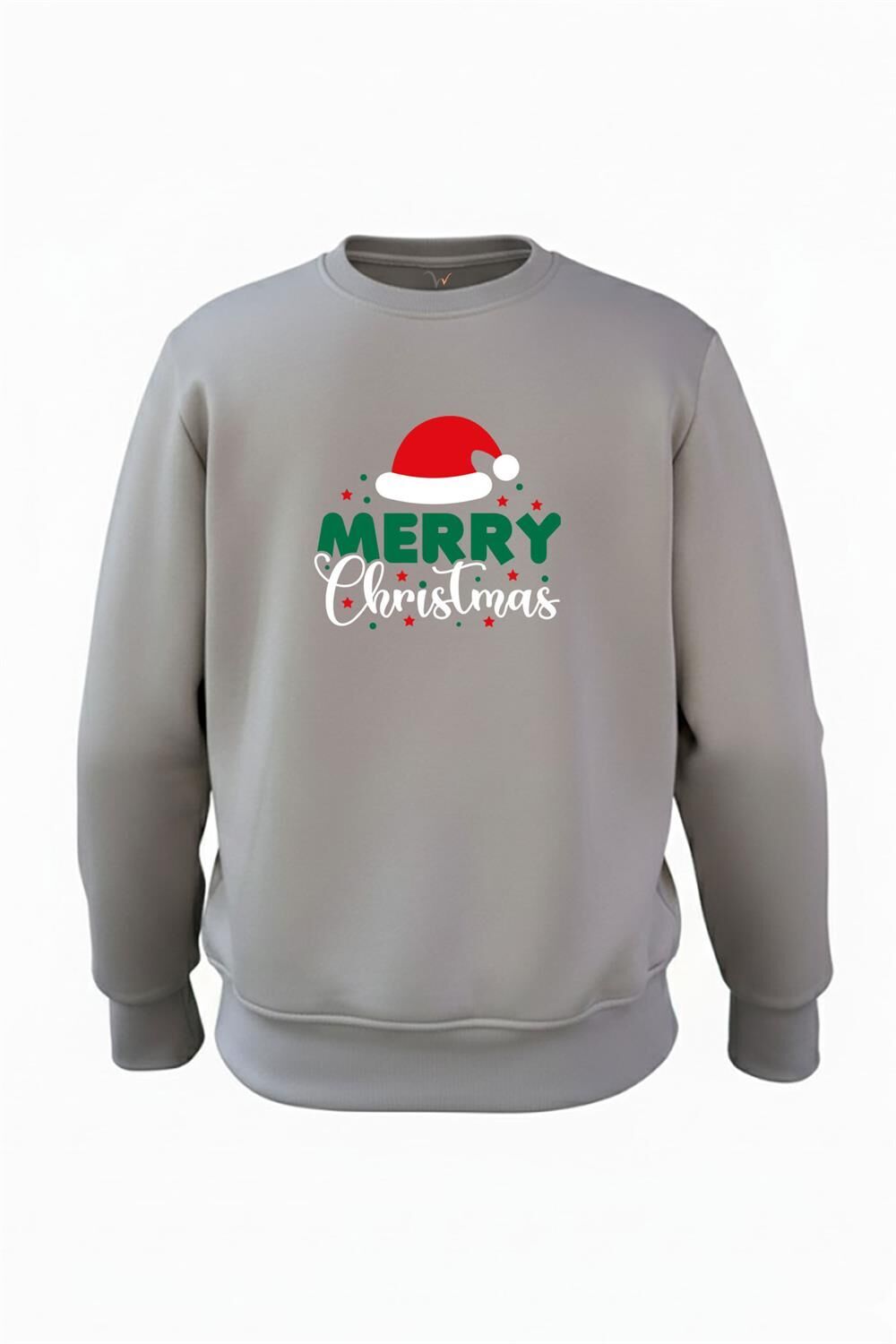 Yılbaşı Yeni Yıl Merry Christmas Noel Şapkası Baskılı 3 İp Şardonlu %100 Pamuk Sweatshirt - Antrasit
